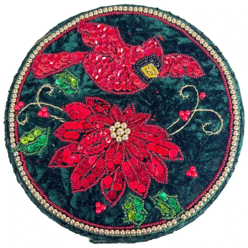 Velvet Gift Box Green Red Sequin Cardinal Poinsettia Round Christmas Red Trinket